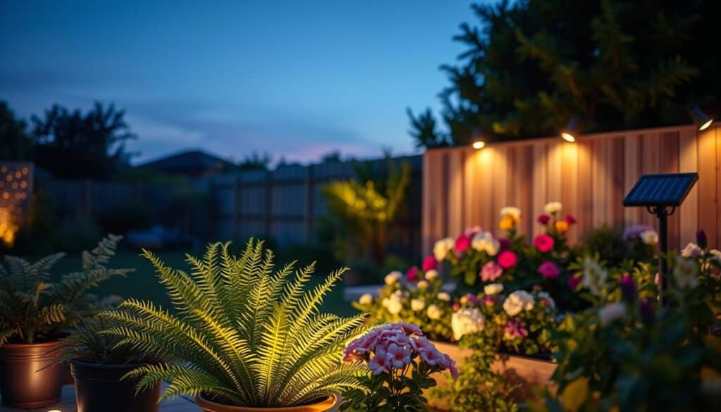 A serene garden scene at dusk, illuminated by elegant solar lights specifically designed for highlighting plants. In the foreground, a variety of lush potted plants including ferns and blooming flowers are subtly lit by warm, soft solar spotlights, casting gentle shadows and enhancing their textures. The midground features a beautifully arranged flower bed, with solar uplighting drawing attention to striking blooms and foliage, creating a magical atmosphere. In the background, a softly blurred backdrop of a wooden fence and neighboring trees adds depth, while the sky transitions into a rich, calm blue. The image conveys tranquility and beauty, showcasing how solar lights can transform a garden into a nighttime oasis.