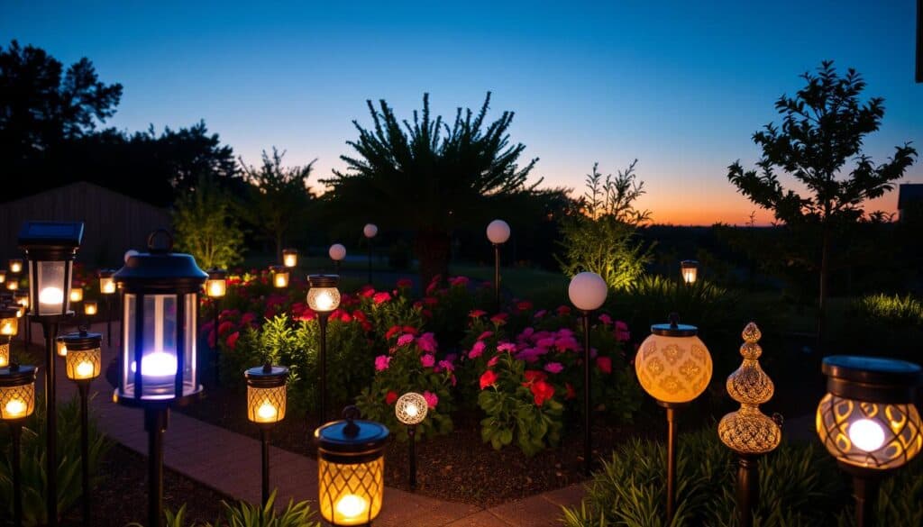 A serene garden scene at dusk, showcasing an array of solar lights illuminating a beautifully landscaped area. In the foreground, various styles of solar garden lights—such as stake lights, lanterns, and decorative globes—create a warm, inviting glow. The middle ground features lush greenery with colorful flowers, softly lit by the solar lights to highlight their beauty. In the background, a gentle twilight sky transitions from blue to soft orange, adding depth and ambiance. Use a wide-angle lens perspective to capture the entire scene, focusing on the interplay of light and shadow. The atmosphere is peaceful and enchanting, evoking a sense of tranquility and natural beauty.