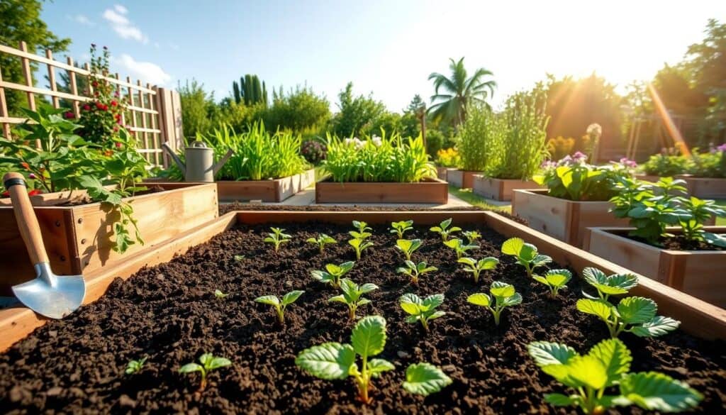 A serene garden scene depicting a step-by-step guide to starting a raised bed garden. In the foreground, a wooden raised bed is filled with rich, dark soil, and various seedlings sprouting, such as tomatoes and lettuce, arranged in neat rows. On one side, gardening tools like a trowel and watering can are positioned, showing a hands-on approach. The middle of the image features a well-maintained garden with fresh greenery bursting from several raised beds, framed by colorful flowers and healthy herbs. In the background, a sunny sky and gently swaying trees provide a tranquil atmosphere. The lighting is bright and natural, with soft sunlight illuminating the scene, creating an inviting and cheerful mood. The angle captures the beauty and organization of the garden setup without any text or distractions. A serene garden scene depicting a step-by-step guide to starting a raised bed garden. In the foreground, a wooden raised bed is filled with rich, dark soil, and various seedlings sprouting, such as tomatoes and lettuce, arranged in neat rows. On one side, gardening tools like a trowel and watering can are positioned, showing a hands-on approach. The middle of the image features a well-maintained garden with fresh greenery bursting from several raised beds, framed by colorful flowers and healthy herbs. In the background, a sunny sky and gently swaying trees provide a tranquil atmosphere. The lighting is bright and natural, with soft sunlight illuminating the scene, creating an inviting and cheerful mood. The angle captures the beauty and organization of the garden setup without any text or distractions.
