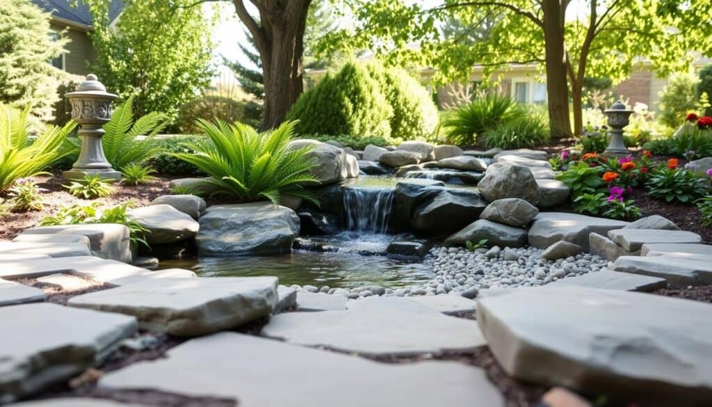 A serene garden scene featuring a DIY pondless waterfall water feature. In the foreground, smooth stones create a naturalistic path leading to a gentle cascade of water flowing over uneven rocks, surrounded by lush green ferns and colorful flowers. In the middle ground, the waterfall creates a calming sound, with water disappearing into a gravel bed, maintaining a clean, low-maintenance appearance. The background includes a well-tended garden with a variety of shrubs and trees, bathed in bright, soft sunlight filtering through leaves. The atmosphere is peaceful and inviting, perfect for a budget-friendly outdoor retreat. Capture this scene with a wide-angle lens, emphasizing the tranquility of the setting and the harmonious blend of water and nature. A serene garden scene featuring a DIY pondless waterfall water feature. In the foreground, smooth stones create a naturalistic path leading to a gentle cascade of water flowing over uneven rocks, surrounded by lush green ferns and colorful flowers. In the middle ground, the waterfall creates a calming sound, with water disappearing into a gravel bed, maintaining a clean, low-maintenance appearance. The background includes a well-tended garden with a variety of shrubs and trees, bathed in bright, soft sunlight filtering through leaves. The atmosphere is peaceful and inviting, perfect for a budget-friendly outdoor retreat. Capture this scene with a wide-angle lens, emphasizing the tranquility of the setting and the harmonious blend of water and nature.