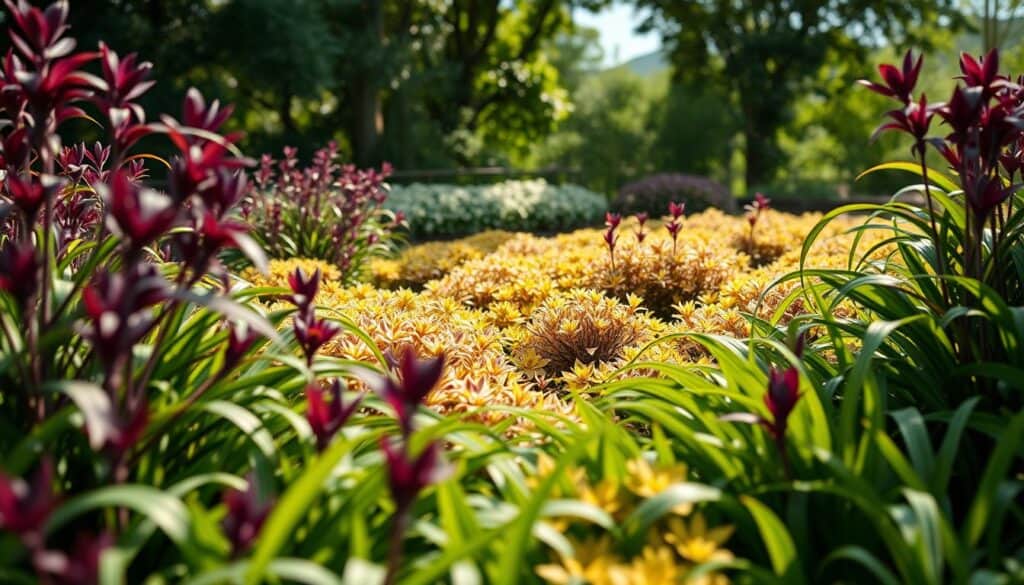 A serene garden scene featuring a lush Liriope Lilyturf border, vivid green and deep purple foliage interspersed with clusters of vibrant stonecrop sedum in shades of golden yellow and soft pink. In the foreground, the dense Liriope plants create an attractive framing effect, showcasing their graceful arching leaves. The middle ground highlights the stonecrop sedum, its succulent texture contrasting beautifully with the Liriope. In the background, a softly blurred natural setting with gentle sunlight filtering through leaves enhances the tranquil atmosphere. The image is captured at eye level with bright, natural lighting, evoking a feeling of warmth and serenity, perfect for showcasing low-maintenance gardening beauty.