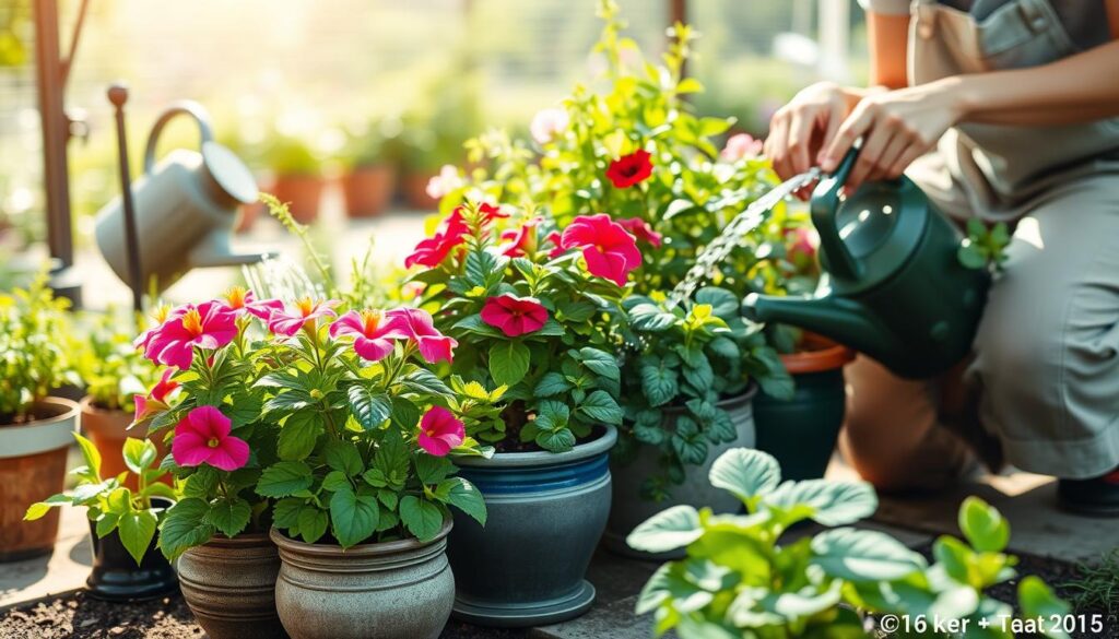 A serene garden scene featuring a variety of container plants, each in beautifully designed pots. In the foreground, a gardener, dressed in modest casual clothing, kneels beside a vibrant pot of petunias, demonstrating deep watering techniques with a watering can. The middle ground showcases a mix of lush foliage, including herbs and flowering plants, all thriving under bright, natural sunlight filtering through delicate leaves. The background features a soft, blurred view of a well-tended garden, enhancing the sense of an inviting outdoor space. The atmosphere is tranquil and refreshing, emphasizing the importance of deep watering to maintain healthy plants during the summer. The lighting is bright and airy, casting gentle shadows that highlight the textures of the leaves and soil.