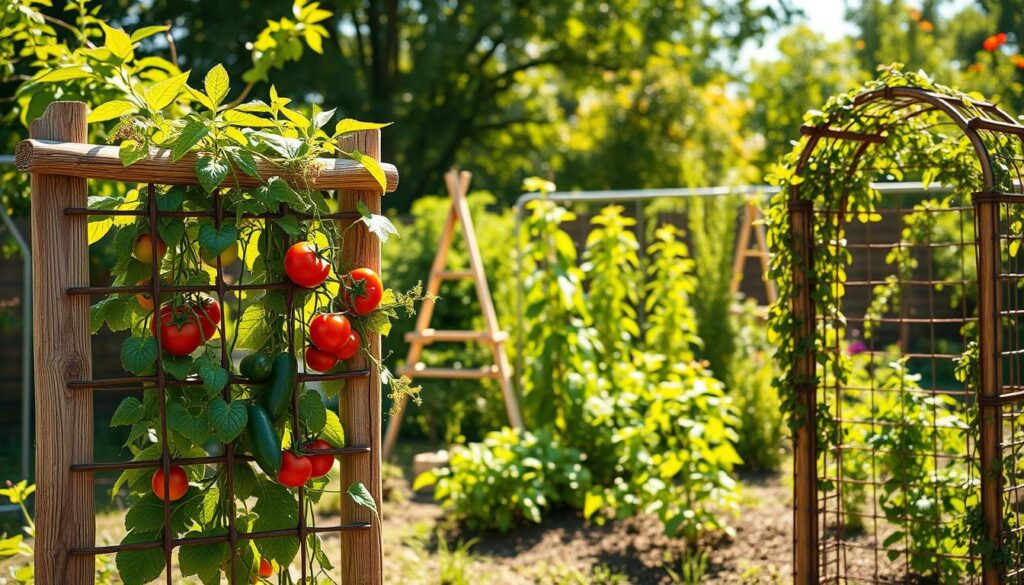A serene garden scene featuring a variety of creative garden trellis designs made from inexpensive materials such as reclaimed wood, bamboo, and wire. In the foreground, a rustic trellis with climbing vegetables like tomatoes and cucumbers, intertwined with colorful flowers, stands proudly. The middle ground showcases additional trellis concepts, like A-frame structures and arched designs, each adorned with vibrant greenery. In the background, a lush garden filled with sunlight filters through the leaves, creating a warm and inviting atmosphere. The scene is captured in bright natural light, emphasizing the textures of the wood and plants, with soft sunlight casting gentle shadows. The overall mood is cheerful and inspiring, perfect for DIY enthusiasts.