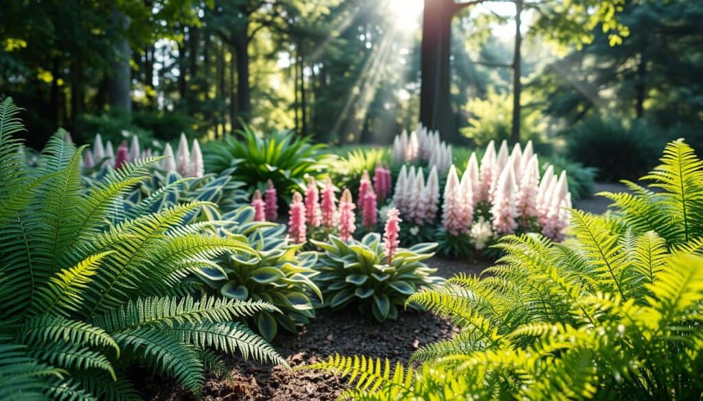 A serene garden scene featuring a variety of drought-tolerant shade plants such as ferns, hostas, and astilbes. In the foreground, lush green ferns with intricate fronds create a soft texture, while vibrant hostas with blue and yellow variegated leaves add visual interest. The middle ground showcases clusters of astilbes in shades of pink and white, gently swaying with a light breeze. In the background, a soft-focus of tall trees filters the sunlight, casting dappled shadows across the garden floor. The sunlight is warm and diffused, creating an inviting and tranquil atmosphere. The angle is slightly elevated to capture the layered beauty of the plants, complemented by the earthy tones of moist soil, suggesting rich, well-drained conditions that support these resilient plants. A serene garden scene featuring a variety of drought-tolerant shade plants such as ferns, hostas, and astilbes. In the foreground, lush green ferns with intricate fronds create a soft texture, while vibrant hostas with blue and yellow variegated leaves add visual interest. The middle ground showcases clusters of astilbes in shades of pink and white, gently swaying with a light breeze. In the background, a soft-focus of tall trees filters the sunlight, casting dappled shadows across the garden floor. The sunlight is warm and diffused, creating an inviting and tranquil atmosphere. The angle is slightly elevated to capture the layered beauty of the plants, complemented by the earthy tones of moist soil, suggesting rich, well-drained conditions that support these resilient plants.