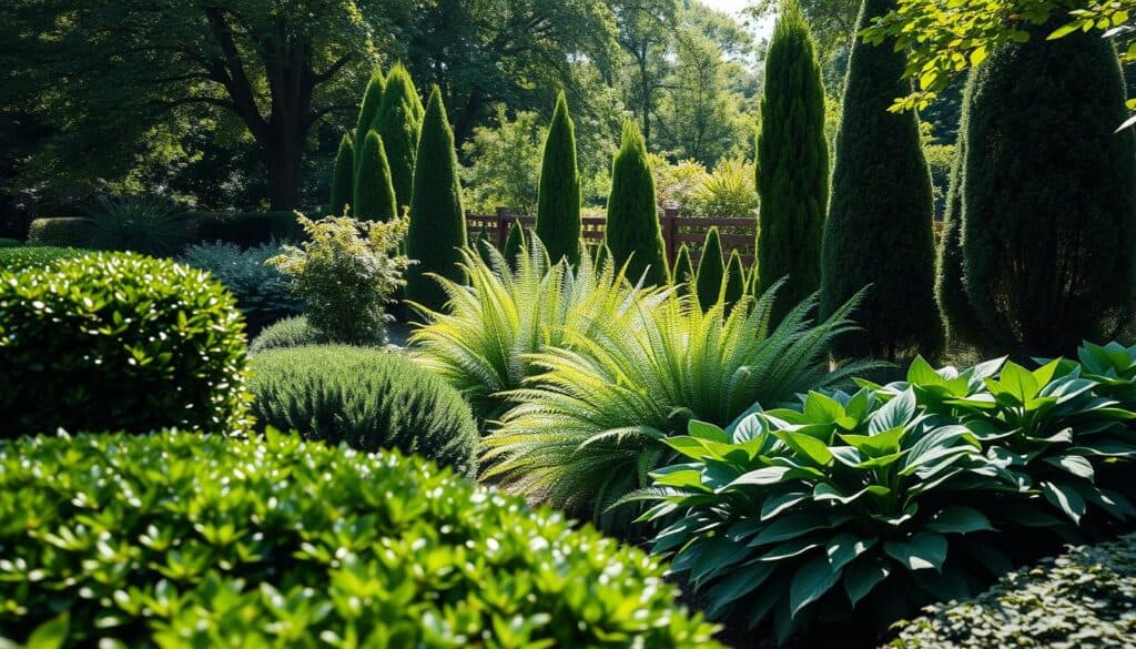 A serene garden scene featuring an array of shade-tolerant architectural plants. In the foreground, lush evergreen shrubs such as boxwood and holly create a structured, inviting space. In the middle ground, tall, elegant ferns and hostas add layers of texture and greenery, complemented by the sculptural form of Japanese yews. The background reveals a gentle dappled sunlight filtering through tree canopies, casting soft shadows on the ground, enhancing the tranquil atmosphere. The lens captures the scene with a shallow depth of field, focusing on the intricate details of the leaves while softly blurring the background. The overall mood is peaceful and harmonious, showcasing a well-designed shade garden that thrives in limited sunlight. A serene garden scene featuring an array of shade-tolerant architectural plants. In the foreground, lush evergreen shrubs such as boxwood and holly create a structured, inviting space. In the middle ground, tall, elegant ferns and hostas add layers of texture and greenery, complemented by the sculptural form of Japanese yews. The background reveals a gentle dappled sunlight filtering through tree canopies, casting soft shadows on the ground, enhancing the tranquil atmosphere. The lens captures the scene with a shallow depth of field, focusing on the intricate details of the leaves while softly blurring the background. The overall mood is peaceful and harmonious, showcasing a well-designed shade garden that thrives in limited sunlight.