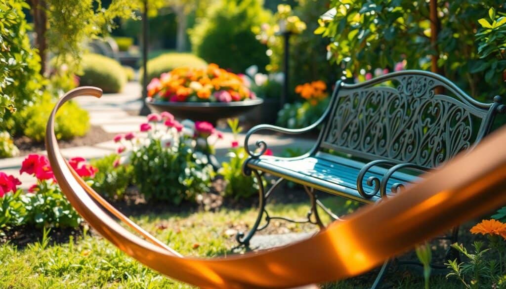 A serene garden scene featuring exquisite metal and copper artistry as the focal point. In the foreground, showcase an elegant, intricately designed copper sculpture, with smooth curves and reflective surfaces that catch the soft sunlight. In the middle ground, place a polished metal garden bench with subtle engravings, surrounded by carefully arranged colorful flowers and lush greenery. In the background, a gentle blur of a well-maintained garden path and soft foliage creates depth. Use bright, natural light to enhance the warm tones of the copper and metal, casting delicate shadows that add dimension. The atmosphere should feel tranquil and inviting, evoking a sense of sophistication and harmony with nature. Capture the scene from a slightly low angle to emphasize the artistry and create a sense of grandeur.