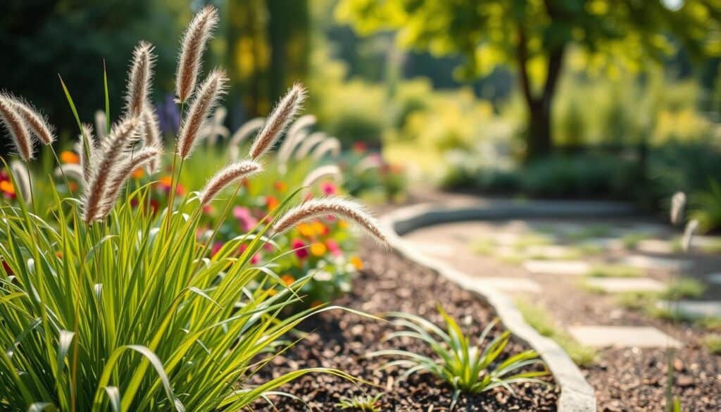 A serene garden scene featuring low-growing ornamental grasses, beautifully arranged as natural edging along a flower bed. In the foreground, lush strands of finely textured green blades sway gently in a soft breeze, showcasing their delicate plumes. The middle ground reveals vibrant flowers and rich soil, harmonizing with the grasses, while a subtle path meanders through the garden. In the background, a soft-focus view of greenery and trees illuminated by bright, natural light creates an inviting atmosphere. The image is captured with a slight elevation angle, enhancing the textures of the grass. The overall mood is tranquil and minimalist, emphasizing the beauty of nature's simplicity, with airy and warm sunlight filtering through the scene, casting soft shadows. A serene garden scene featuring low-growing ornamental grasses, beautifully arranged as natural edging along a flower bed. In the foreground, lush strands of finely textured green blades sway gently in a soft breeze, showcasing their delicate plumes. The middle ground reveals vibrant flowers and rich soil, harmonizing with the grasses, while a subtle path meanders through the garden. In the background, a soft-focus view of greenery and trees illuminated by bright, natural light creates an inviting atmosphere. The image is captured with a slight elevation angle, enhancing the textures of the grass. The overall mood is tranquil and minimalist, emphasizing the beauty of nature's simplicity, with airy and warm sunlight filtering through the scene, casting soft shadows.