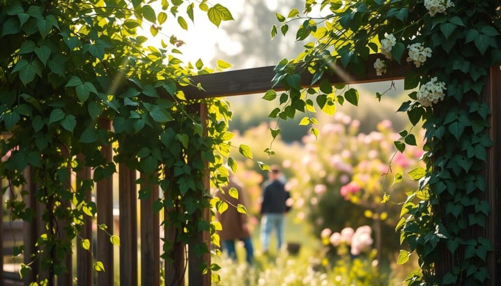 A serene garden scene featuring low maintenance evergreen climbers gracefully cascading over a rustic wooden fence. In the foreground, lush green leaves of climbing plants such as Euonymus and Ivy interlace beautifully, with delicate tendrils reaching toward the soft beams of morning sunlight. The middle ground displays the fence adorned with these climbers, creating a sense of natural elegance and tranquility. The background reveals a hazy garden filled with blooming shrubs and a gentle blur of soft greenery, enhancing the peaceful atmosphere. The lighting is bright and natural, with soft shadows cast by the climbing plants, creating a welcoming and airy mood ideal for busy gardeners. The angle is slightly elevated, capturing the full splendor of the climbers and the inviting garden setting.