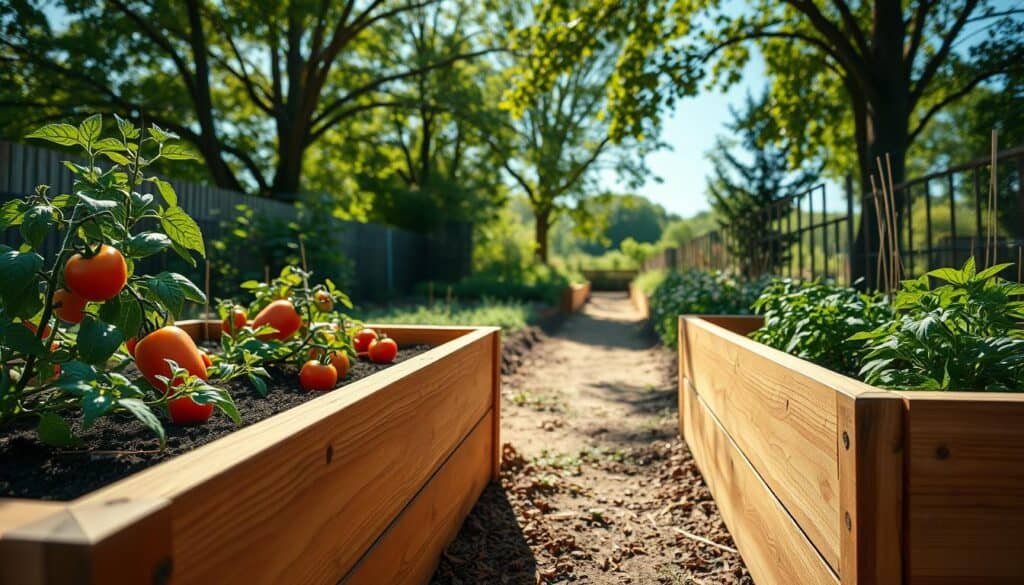 A serene garden scene featuring two wooden raised garden beds filled with vibrant soil and healthy plants like tomatoes, peppers, and herbs. In the foreground, the beds are made of natural cedar wood, showcasing their rich grain and sturdy construction. The middle ground displays a well-tended garden path lined with organic mulch and lush greenery. In the background, a clear blue sky is visible, bathed in soft, warm sunlight filtering through the leaves of nearby trees, creating a peaceful atmosphere. The photo is taken at a slight angle to emphasize the depth and texture of the raised beds, highlighting the quality of materials chosen for gardening. The overall mood is inviting and encouraging for aspiring gardeners. A serene garden scene featuring two wooden raised garden beds filled with vibrant soil and healthy plants like tomatoes, peppers, and herbs. In the foreground, the beds are made of natural cedar wood, showcasing their rich grain and sturdy construction. The middle ground displays a well-tended garden path lined with organic mulch and lush greenery. In the background, a clear blue sky is visible, bathed in soft, warm sunlight filtering through the leaves of nearby trees, creating a peaceful atmosphere. The photo is taken at a slight angle to emphasize the depth and texture of the raised beds, highlighting the quality of materials chosen for gardening. The overall mood is inviting and encouraging for aspiring gardeners.