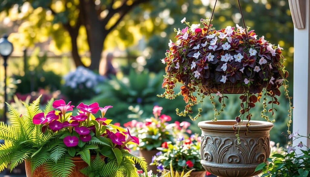 A serene garden scene featuring various low light shade flowers arranged in elegant containers and hanging baskets. In the foreground, lush green ferns and vibrant blooms such as impatiens, violets, and heucheras spill over the edges of handcrafted ceramic containers. The middle ground showcases a gently swaying hanging basket filled with trailing vines and delicate blossoms, creating a cascading effect. In the background, a softly blurred garden setting with dappled sunlight filtering through leafy trees enhances the tranquil atmosphere. The lighting is warm and inviting, with a focus on the textures and colors of the plants, captured from a slightly elevated angle to highlight the layers of the garden design. The overall mood exudes calmness and beauty, perfect for a shade-adapted container garden. A serene garden scene featuring various low light shade flowers arranged in elegant containers and hanging baskets. In the foreground, lush green ferns and vibrant blooms such as impatiens, violets, and heucheras spill over the edges of handcrafted ceramic containers. The middle ground showcases a gently swaying hanging basket filled with trailing vines and delicate blossoms, creating a cascading effect. In the background, a softly blurred garden setting with dappled sunlight filtering through leafy trees enhances the tranquil atmosphere. The lighting is warm and inviting, with a focus on the textures and colors of the plants, captured from a slightly elevated angle to highlight the layers of the garden design. The overall mood exudes calmness and beauty, perfect for a shade-adapted container garden.