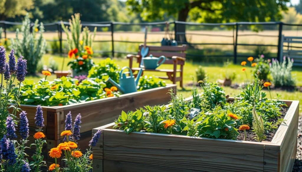 A serene garden scene featuring various natural scent deterrents to protect a raised bed garden from pests like squirrels and rabbits. In the foreground, display a wooden raised bed filled with vibrant vegetables and herbs, surrounded by an array of plants such as lavender, marigolds, and rosemary strategically placed to repel pests. In the middle, depict well-organized garden tools like a watering can and trowel resting on a rustic wooden bench. In the background, capture a sun-drenched landscape with a fence, soft sunlight filtering through trees, creating a peaceful atmosphere. Aim for a close-up angle with bright, natural light, emphasizing the freshness and healthiness of the garden setting. The mood should be tranquil and inviting, showcasing an eco-friendly approach to gardening.