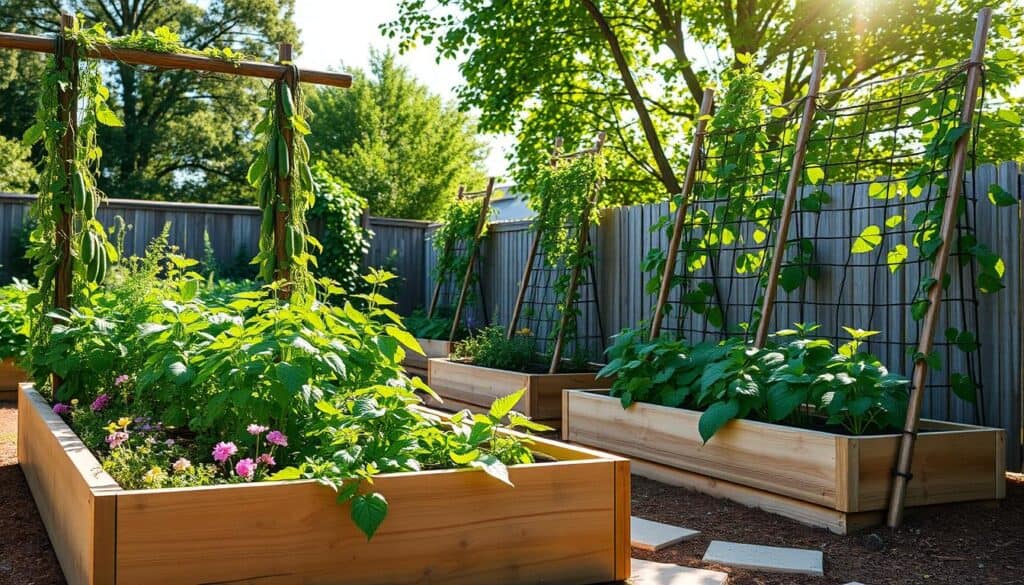 A serene garden scene featuring vertical gardening in raised beds, showcasing a variety of lush green plants like tomatoes, cucumbers, and climbing beans supported by a rustic trellis. In the foreground, a well-constructed wooden raised bed filled with vibrant herbs and flowers, nestled between neatly arranged stepping stones. The middle section displays additional trellises leaning against the beds, adorned with plants reaching upwards, bathed in bright, soft natural light. In the background, a sunny sky peeks through leafy trees, creating a tranquil and inviting atmosphere. The image captures the beauty and functionality of vertical gardening, emphasizing how it maximizes space in a small garden while promoting healthy plant growth. A serene garden scene featuring vertical gardening in raised beds, showcasing a variety of lush green plants like tomatoes, cucumbers, and climbing beans supported by a rustic trellis. In the foreground, a well-constructed wooden raised bed filled with vibrant herbs and flowers, nestled between neatly arranged stepping stones. The middle section displays additional trellises leaning against the beds, adorned with plants reaching upwards, bathed in bright, soft natural light. In the background, a sunny sky peeks through leafy trees, creating a tranquil and inviting atmosphere. The image captures the beauty and functionality of vertical gardening, emphasizing how it maximizes space in a small garden while promoting healthy plant growth.