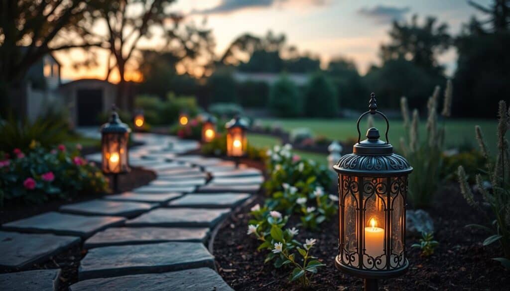 A serene garden scene featuring vintage solar garden lanterns, artfully positioned along a winding stone path. In the foreground, several intricately designed lanterns made of wrought iron and glass emit a warm, golden glow, illuminating their surroundings. The middle ground showcases lush greenery with flowering plants and soft soil, complemented by the subtle reflections of the lantern light. The background includes gentle silhouettes of trees under a twilight sky, adding depth to the composition. The lighting should capture the soft, inviting atmosphere of early evening, with rays of fading sunlight filtering through the leaves. The image should evoke a tranquil, enchanting mood, perfect for showcasing unique and hidden solar lighting in a garden setting.