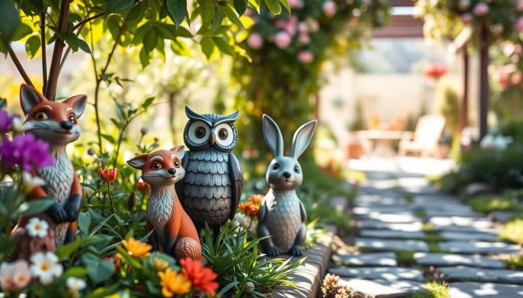 A serene garden scene featuring whimsical yet refined animal figurines, such as a playful fox, an elegant owl, and a cheerful rabbit, crafted from durable weatherproof materials. The foreground showcases these intricately designed sculptures with rich textures and vibrant colors, nestled among lush greenery and blooming flowers. In the middle ground, soft sunlight filters through the leaves, casting gentle, dappled shadows on the sculptures. The background reveals a well-maintained garden path leading to a cozy outdoor seating area, inviting a sense of tranquility. The atmosphere is bright and airy, evoking a whimsical yet sophisticated charm, perfect for enhancing the beauty of any garden space. The image is captured at eye level with a natural depth of field, highlighting the sculptures against a softly blurred background.
