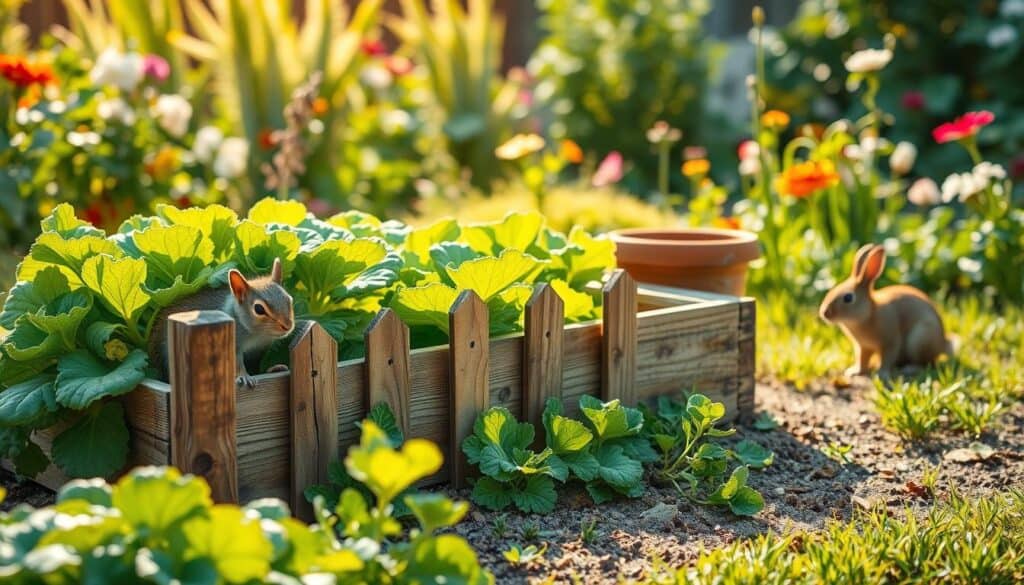 A serene garden scene showcasing a raised bed filled with lush vegetables, surrounded by signs of wildlife threat, such as paw prints and nibbling marks on leaves. In the foreground, focus on the vibrant, healthy plants, with a small wooden fence around the bed, slightly askew to suggest wildlife interactions. The middle ground features a curious squirrel peeking from behind a nearby flower pot, while a rabbit can be seen cautiously approaching the bed. The background is filled with a sun-dappled garden setting, including blooming flowers and greenery, bathed in soft, warm sunlight that highlights the tranquility of the space. The composition captures a sense of vulnerability yet resilience, portraying the delicate balance between nature and gardening. The photo should feel airy and inviting, taken from a slightly elevated angle to capture the entire scene effectively.