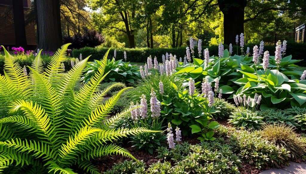 A serene garden scene showcasing a variety of drought-tolerant plants thriving in dry shade. In the foreground, lush ferns with vibrant green fronds, surrounded by clusters of hardy groundcovers like creeping thyme and sedum. The middle ground features elegant hostas with broad, textured leaves, intermingling with delicate shade-loving flowers in subtle lavender and white hues. The background includes tall, mature trees casting dappled sunlight through their leaves, creating a soft, dappled lighting effect. The atmosphere feels calm and inviting, with a focus on the resilience and beauty of these plants in a tranquil corner of a garden. The image captures a close-up perspective, emphasizing the intricate details of the foliage illuminated by warm, natural light. A serene garden scene showcasing a variety of drought-tolerant plants thriving in dry shade. In the foreground, lush ferns with vibrant green fronds, surrounded by clusters of hardy groundcovers like creeping thyme and sedum. The middle ground features elegant hostas with broad, textured leaves, intermingling with delicate shade-loving flowers in subtle lavender and white hues. The background includes tall, mature trees casting dappled sunlight through their leaves, creating a soft, dappled lighting effect. The atmosphere feels calm and inviting, with a focus on the resilience and beauty of these plants in a tranquil corner of a garden. The image captures a close-up perspective, emphasizing the intricate details of the foliage illuminated by warm, natural light.