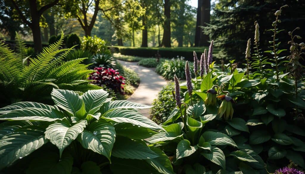 A serene garden scene showcasing a variety of shade-tolerant plants, including lush ferns, vibrant hostas, delicate astilbes, and beautiful hellebores. In the foreground, intricate details of dew on broad leaves reflect the soft, diffused sunlight filtering through the trees above, creating a tranquil atmosphere. The middle ground features a well-maintained garden path winding through these plants, inviting viewers to explore the lushness. In the background, gentle shadows of towering trees create a cozy, shaded effect, enhancing the greenery's vivid colors. The overall mood is peaceful and inviting, with bright, natural light enhancing the beauty of the foliage in a well-lit, airy setting. A serene garden scene showcasing a variety of shade-tolerant plants, including lush ferns, vibrant hostas, delicate astilbes, and beautiful hellebores. In the foreground, intricate details of dew on broad leaves reflect the soft, diffused sunlight filtering through the trees above, creating a tranquil atmosphere. The middle ground features a well-maintained garden path winding through these plants, inviting viewers to explore the lushness. In the background, gentle shadows of towering trees create a cozy, shaded effect, enhancing the greenery's vivid colors. The overall mood is peaceful and inviting, with bright, natural light enhancing the beauty of the foliage in a well-lit, airy setting.