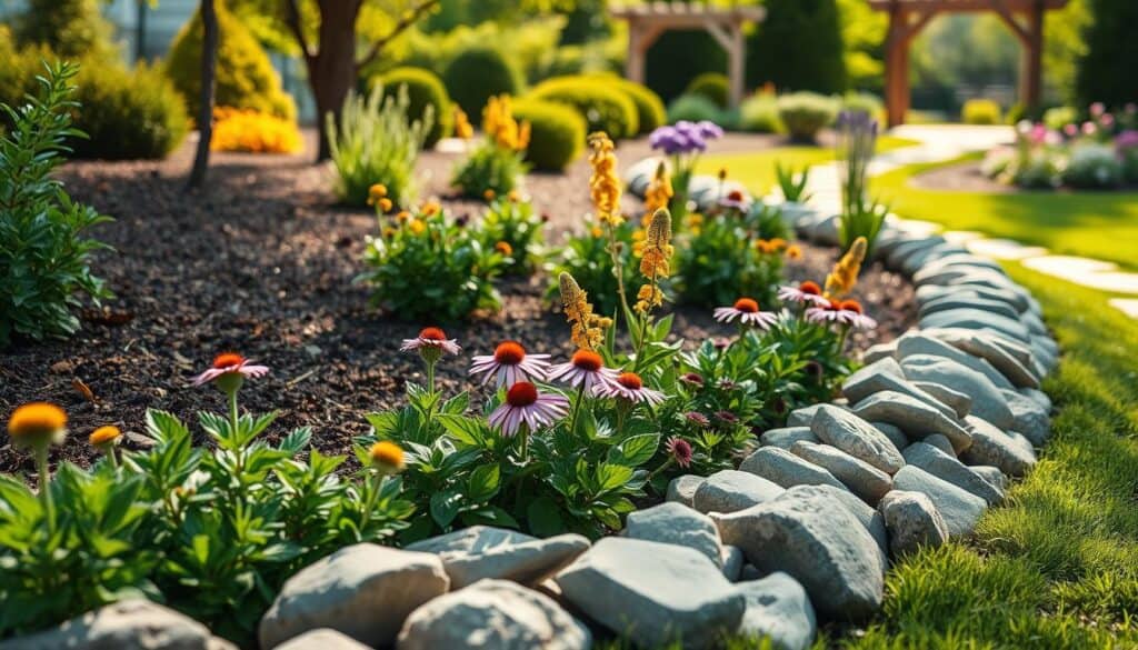 A serene garden scene showcasing effective maintenance tips for garden edging with smooth river rocks and a variety of native plants. In the foreground, depict carefully arranged river rocks lining a vibrant flower bed filled with lush native plants like purple coneflowers and goldenrod. The middle ground features a well-tended garden with pruned shrubs and freshly mulched areas, while the background reveals a soft-focus of a sunny garden path leading to a distant trellis. Capture the bright natural light of a late afternoon, with soft sunlight illuminating the greenery, creating a warm, inviting atmosphere. Use a shallow depth of field for a more detailed foreground, while ensuring a harmonious blend of colors. The overall mood should feel tranquil and nurturing, emphasizing the beauty and care of a thriving rock and native garden.