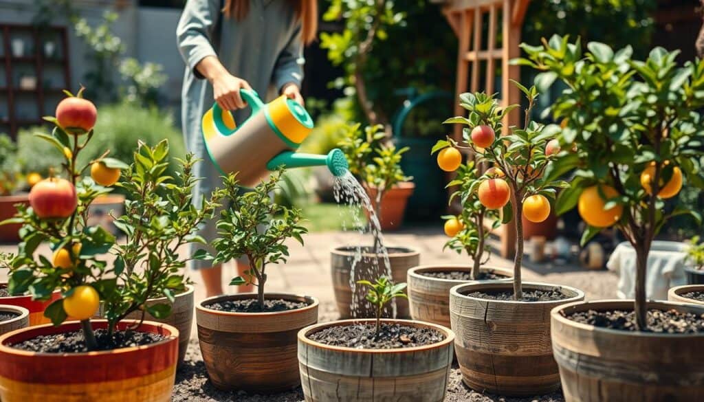 A serene garden scene showcasing essential care for potted fruit trees. In the foreground, a vibrant assortment of container fruit trees including dwarf apples and citrus, each in stylish, rustic wooden pots with rich soil, and a few fruits starting to bloom. The middle ground features a person dressed in modest casual clothing, gently watering the trees with a colorful watering can, displaying a nurturing approach. In the background, softly blurred sunlit garden with greenery and a hint of a wooden trellis. Natural sunlight casts gentle shadows, creating an inviting, fresh atmosphere that emphasizes growth and care. The angle is slightly elevated, capturing a warm, uplifting perspective on urban gardening. A serene garden scene showcasing essential care for potted fruit trees. In the foreground, a vibrant assortment of container fruit trees including dwarf apples and citrus, each in stylish, rustic wooden pots with rich soil, and a few fruits starting to bloom. The middle ground features a person dressed in modest casual clothing, gently watering the trees with a colorful watering can, displaying a nurturing approach. In the background, softly blurred sunlit garden with greenery and a hint of a wooden trellis. Natural sunlight casts gentle shadows, creating an inviting, fresh atmosphere that emphasizes growth and care. The angle is slightly elevated, capturing a warm, uplifting perspective on urban gardening.