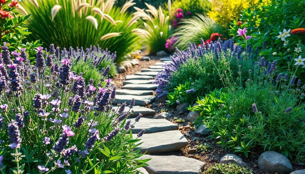 A serene garden scene showcasing natural garden edging with low-growing plants. In the foreground, vibrant clusters of lavender and thyme, their delicate blooms illuminated by soft, warm sunlight, create a lush border. In the middle ground, a carefully arranged pathway of rustic stones weaves through the plants, lined with rich green foliage. A backdrop of gently swaying ornamental grasses and flowering shrubs adds depth and color, enhancing the sense of tranquility. Capture the image with a wide-angle lens, focusing on the garden's vibrant textures. The atmosphere is peaceful and inviting, with dappled sunlight filtering through the leaves, inviting viewers into this living garden border. A serene garden scene showcasing natural garden edging with low-growing plants. In the foreground, vibrant clusters of lavender and thyme, their delicate blooms illuminated by soft, warm sunlight, create a lush border. In the middle ground, a carefully arranged pathway of rustic stones weaves through the plants, lined with rich green foliage. A backdrop of gently swaying ornamental grasses and flowering shrubs adds depth and color, enhancing the sense of tranquility. Capture the image with a wide-angle lens, focusing on the garden's vibrant textures. The atmosphere is peaceful and inviting, with dappled sunlight filtering through the leaves, inviting viewers into this living garden border.