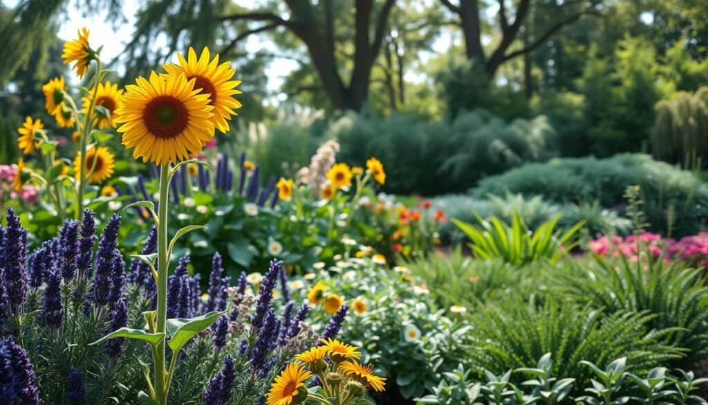 A serene garden scene showcasing the art of layering plants by height. In the foreground, tall, lush sunflowers with vibrant yellow petals tower over a colorful array of medium-height flowers like lavender and daisies. The middle layer features leafy perennials like hostas and ferns, providing a rich green backdrop. In the background, shorter ground cover plants offer a soft, textured finish. The scene is bathed in bright natural light, with soft sunlight filtering through trees above, casting gentle shadows. The composition is angled slightly from a low perspective, enhancing the sense of depth and fullness in the garden, creating a tranquil, inviting atmosphere perfect for illustrating a lush, layered garden design.