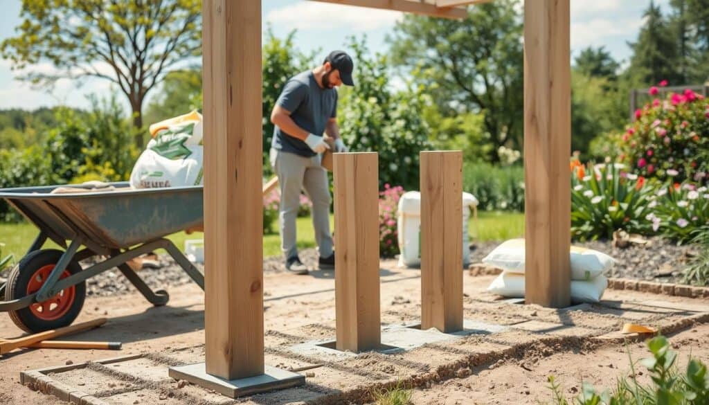 A serene garden scene showcasing the process of setting arbor posts in concrete. In the foreground, a pair of sturdy wooden posts, freshly cut and marked for depth, are being carefully positioned in a wet concrete mix. A wheelbarrow filled with tools and bags of concrete is nearby, alongside a shovel and tape measure. In the middle ground, a person in modest casual clothing, focused and precise, is pouring the concrete around the posts, their hands protected by gloves. The background features soft greenery, blooming flowers, and a clear blue sky, with gentle sunlight illuminating the scene. The overall mood is calm and productive, reflecting a beautiful day of gardening and DIY construction. The image captures the essence of preparation and craftsmanship in a well-lit, airy atmosphere. A serene garden scene showcasing the process of setting arbor posts in concrete. In the foreground, a pair of sturdy wooden posts, freshly cut and marked for depth, are being carefully positioned in a wet concrete mix. A wheelbarrow filled with tools and bags of concrete is nearby, alongside a shovel and tape measure. In the middle ground, a person in modest casual clothing, focused and precise, is pouring the concrete around the posts, their hands protected by gloves. The background features soft greenery, blooming flowers, and a clear blue sky, with gentle sunlight illuminating the scene. The overall mood is calm and productive, reflecting a beautiful day of gardening and DIY construction. The image captures the essence of preparation and craftsmanship in a well-lit, airy atmosphere.