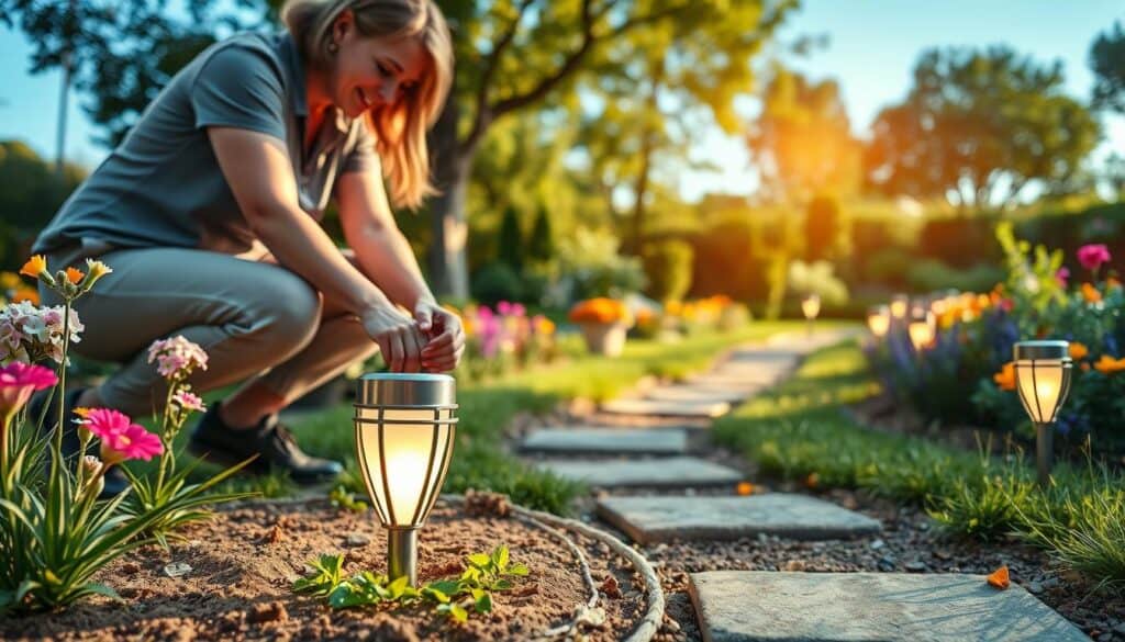 A serene garden scene showcasing the process of setting up battery-powered garden path lights. In the foreground, a person in modest casual clothing kneels near a flower bed, carefully placing a stylish, modern garden light into the soft earth. The middle ground features a beautifully landscaped garden path, lined with vibrant flowers and greenery, while several battery-powered lights are already installed, casting a warm, inviting glow. In the background, a clear blue sky and soft sunlight filter through the trees, creating a tranquil atmosphere. The overall mood is peaceful and productive, capturing the essence of DIY home gardening and outdoor lighting solutions. The composition utilizes a wide-angle perspective, emphasizing both the individual and the lush environment.