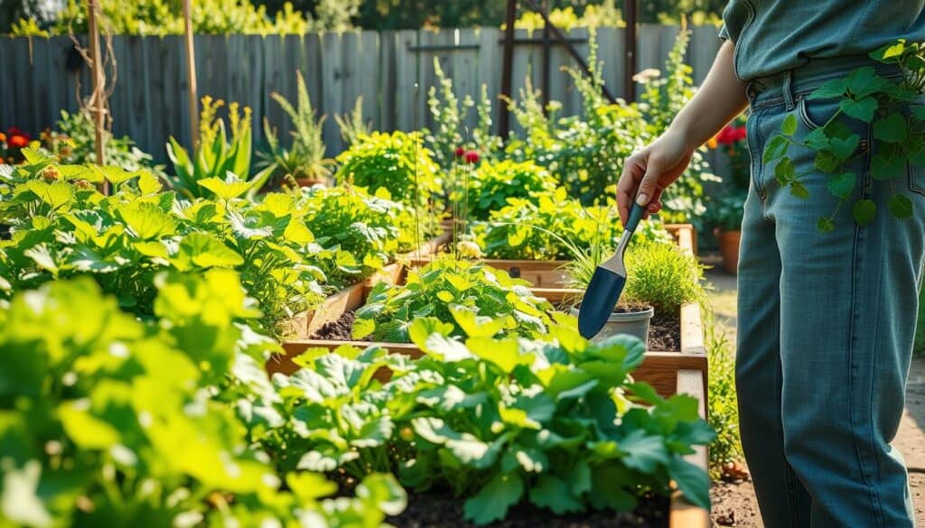 A serene garden scene with raised beds filled with vibrant, healthy vegetables and herbs. In the foreground, a gardener in modest casual clothing inspects the plants for signs of blight, holding a small hand trowel. The middle ground features various companion plants strategically arranged to enhance growth and prevent pests. Bright, natural light filters through lush greenery, creating an airy atmosphere. In the background, soft sunlight illuminates a wooden fence and a few ornamental flowers, contributing to a sense of tranquility. The overall mood is one of diligence and care, emphasizing the importance of preventing common garden blights in a beginner's first season. Use a wide-angle lens to capture the full scope of the garden, ensuring vivid colors and details are highlighted. A serene garden scene with raised beds filled with vibrant, healthy vegetables and herbs. In the foreground, a gardener in modest casual clothing inspects the plants for signs of blight, holding a small hand trowel. The middle ground features various companion plants strategically arranged to enhance growth and prevent pests. Bright, natural light filters through lush greenery, creating an airy atmosphere. In the background, soft sunlight illuminates a wooden fence and a few ornamental flowers, contributing to a sense of tranquility. The overall mood is one of diligence and care, emphasizing the importance of preventing common garden blights in a beginner's first season. Use a wide-angle lens to capture the full scope of the garden, ensuring vivid colors and details are highlighted.