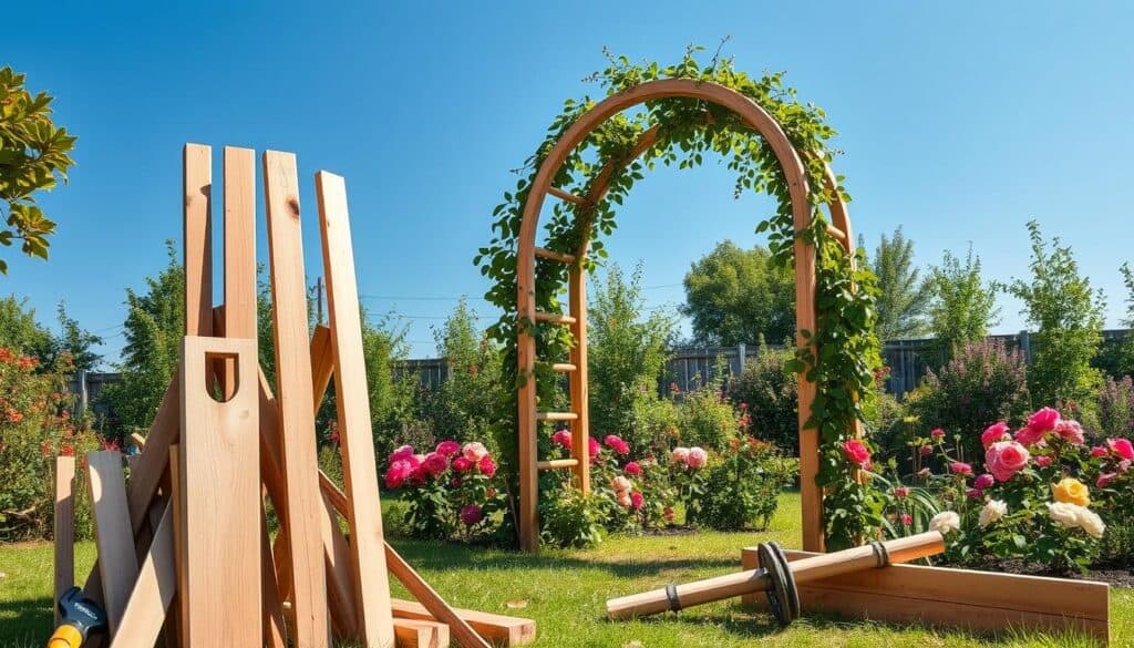 A serene garden setting featuring a partially constructed wooden garden arch, designed for climbing roses and vines. In the foreground, a selection of wooden beams and tools are neatly arranged, emphasizing a DIY atmosphere. In the middle, the garden arch stands tall, showcasing elegant curves and detailed craftsmanship, partially adorned with lush green ivy. The background includes vibrant flower beds blooming with colorful roses and a clear blue sky, allowing soft sunlight to illuminate the scene. The image captures an airy, inviting mood, suggesting a peaceful outdoor project. Use a wide-angle lens to showcase the depth of the garden and create a bright, well-lit composition with natural light cascading across the scene. A serene garden setting featuring a partially constructed wooden garden arch, designed for climbing roses and vines. In the foreground, a selection of wooden beams and tools are neatly arranged, emphasizing a DIY atmosphere. In the middle, the garden arch stands tall, showcasing elegant curves and detailed craftsmanship, partially adorned with lush green ivy. The background includes vibrant flower beds blooming with colorful roses and a clear blue sky, allowing soft sunlight to illuminate the scene. The image captures an airy, inviting mood, suggesting a peaceful outdoor project. Use a wide-angle lens to showcase the depth of the garden and create a bright, well-lit composition with natural light cascading across the scene.
