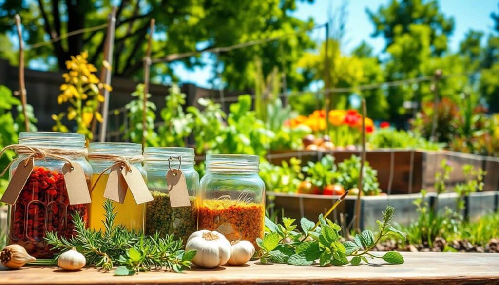 A serene garden setting illustrating DIY natural animal repellent solutions. In the foreground, display an array of glass jars filled with colorful, aromatic ingredients such as crushed garlic, cayenne pepper, and vinegar, labeled with rustic tags. Surround the jars with fresh herbs like rosemary and mint. In the middle ground, showcase a lush raised garden bed, flourishing with vibrant vegetables and herbs, protected by thin, decorative fencing. In the background, hint at a bright blue sky with soft, natural sunlight filtering through leafy trees, creating a warm, inviting atmosphere. The scene captures a sense of tranquility and natural gardening, emphasizing eco-friendly pest control methods. Use a slightly elevated angle to highlight the layers of the garden while ensuring bright, natural lighting enhances the colors and textures.