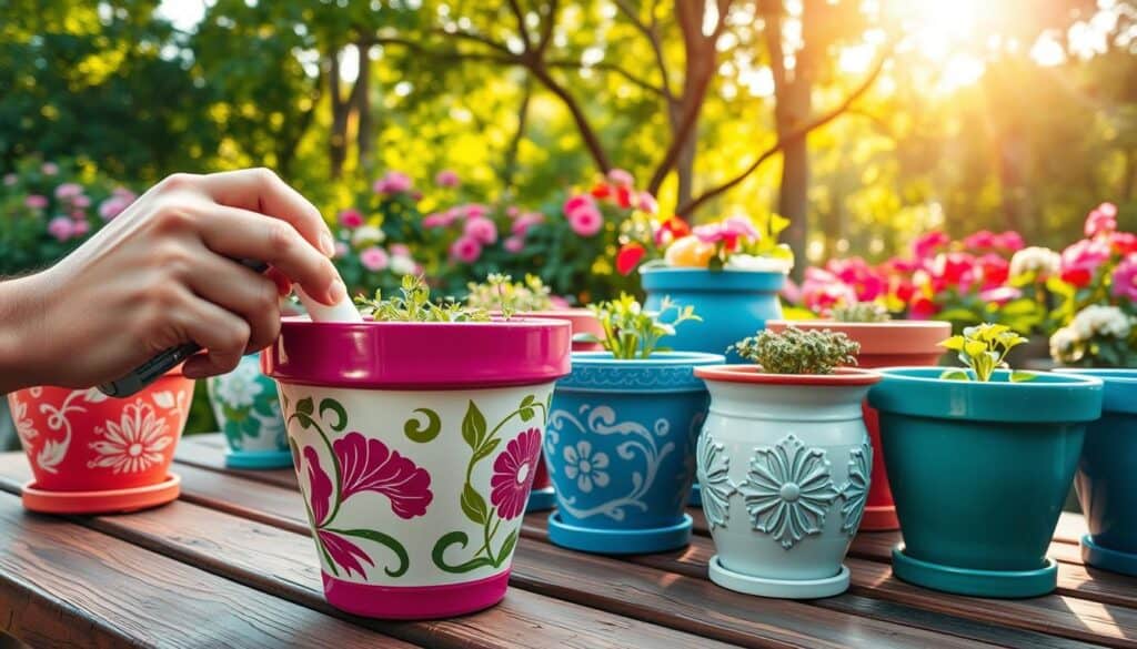 A serene garden setting showcasing an array of weather-proof painted outdoor pots in vibrant colors, positioned on a wooden patio table. In the foreground, focus on a hand applying a glossy, protective sealant to one of the pots, adorned with intricate floral patterns. The middle layer features a variety of sizes and designs of pots, some with fresh greenery, highlighting the concept of maintenance and care. In the background, a lush garden brimming with blooming flowers and greenery, illuminated by soft, natural sunlight streaming through the trees. The atmosphere is inviting and refreshing, emphasizing the beauty and practicality of painted garden containers. The composition should capture a close-up perspective with a soft focus on the background, creating an airy and well-lit scene. A serene garden setting showcasing an array of weather-proof painted outdoor pots in vibrant colors, positioned on a wooden patio table. In the foreground, focus on a hand applying a glossy, protective sealant to one of the pots, adorned with intricate floral patterns. The middle layer features a variety of sizes and designs of pots, some with fresh greenery, highlighting the concept of maintenance and care. In the background, a lush garden brimming with blooming flowers and greenery, illuminated by soft, natural sunlight streaming through the trees. The atmosphere is inviting and refreshing, emphasizing the beauty and practicality of painted garden containers. The composition should capture a close-up perspective with a soft focus on the background, creating an airy and well-lit scene.
