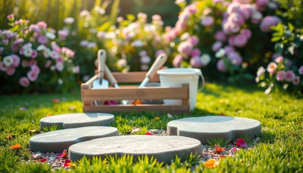 A serene garden setting with a variety of DIY concrete stepping stones placed on a vibrant green lawn. In the foreground, focus on two beautifully shaped stepping stones with textured surfaces, surrounded by small pebbles and colorful flower petals. In the middle ground, a simple wooden crate holds essential tools like a trowel, mixing bucket, and measuring cup, offering a clear view of the materials used for the project. The background features a soft blur of blooming flowers and lush bushes under soft, warm sunlight that creates a cheerful and inviting atmosphere. Capture the image from a slight angle to enhance depth, emphasizing the natural light illuminating the scene, while ensuring clarity and realism in the details. A serene garden setting with a variety of DIY concrete stepping stones placed on a vibrant green lawn. In the foreground, focus on two beautifully shaped stepping stones with textured surfaces, surrounded by small pebbles and colorful flower petals. In the middle ground, a simple wooden crate holds essential tools like a trowel, mixing bucket, and measuring cup, offering a clear view of the materials used for the project. The background features a soft blur of blooming flowers and lush bushes under soft, warm sunlight that creates a cheerful and inviting atmosphere. Capture the image from a slight angle to enhance depth, emphasizing the natural light illuminating the scene, while ensuring clarity and realism in the details.
