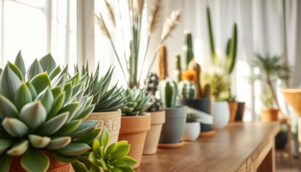 A serene indoor scene featuring various drought-tolerant potted plants arranged on a wooden table. In the foreground, close-up of succulent plants with vibrant green and soft gray leaves, alongside terracotta and ceramic pots with unique textures. In the middle ground, a striking arrangement of cacti and ornamental grasses, showcasing their resilience and beauty. The background includes a sunlit window with sheer curtains, allowing soft, diffused natural light to pour in, casting gentle shadows. The overall atmosphere is bright and airy, evoking a sense of tranquility and sustainable living. This scene captures the essence of managing drought-tolerant potted plants in a home environment. A serene indoor scene featuring various drought-tolerant potted plants arranged on a wooden table. In the foreground, close-up of succulent plants with vibrant green and soft gray leaves, alongside terracotta and ceramic pots with unique textures. In the middle ground, a striking arrangement of cacti and ornamental grasses, showcasing their resilience and beauty. The background includes a sunlit window with sheer curtains, allowing soft, diffused natural light to pour in, casting gentle shadows. The overall atmosphere is bright and airy, evoking a sense of tranquility and sustainable living. This scene captures the essence of managing drought-tolerant potted plants in a home environment.
