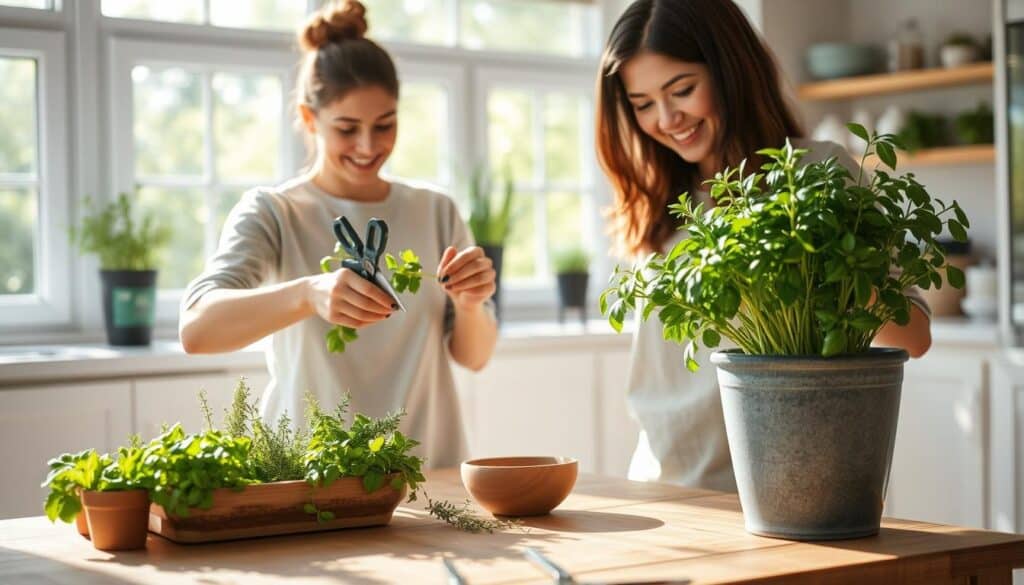 A serene kitchen setting bathed in soft, natural light, showcasing a beginner gardener harvesting fresh herbs from a container garden. In the foreground, a person dressed in modest casual clothing is gently clipping basil and thyme with a pair of garden scissors, their expression filled with joy and satisfaction. The middle ground features a variety of vibrant herbs in well-arranged containers, with a rustic wooden table adorned with a small bowl to collect the cuttings. In the background, large windows allow bright sunlight to illuminate the scene, reflecting the lush greenery outside. The overall mood is calm and inviting, perfect for illustrating the art of harvesting herbs for cooking. A serene kitchen setting bathed in soft, natural light, showcasing a beginner gardener harvesting fresh herbs from a container garden. In the foreground, a person dressed in modest casual clothing is gently clipping basil and thyme with a pair of garden scissors, their expression filled with joy and satisfaction. The middle ground features a variety of vibrant herbs in well-arranged containers, with a rustic wooden table adorned with a small bowl to collect the cuttings. In the background, large windows allow bright sunlight to illuminate the scene, reflecting the lush greenery outside. The overall mood is calm and inviting, perfect for illustrating the art of harvesting herbs for cooking.