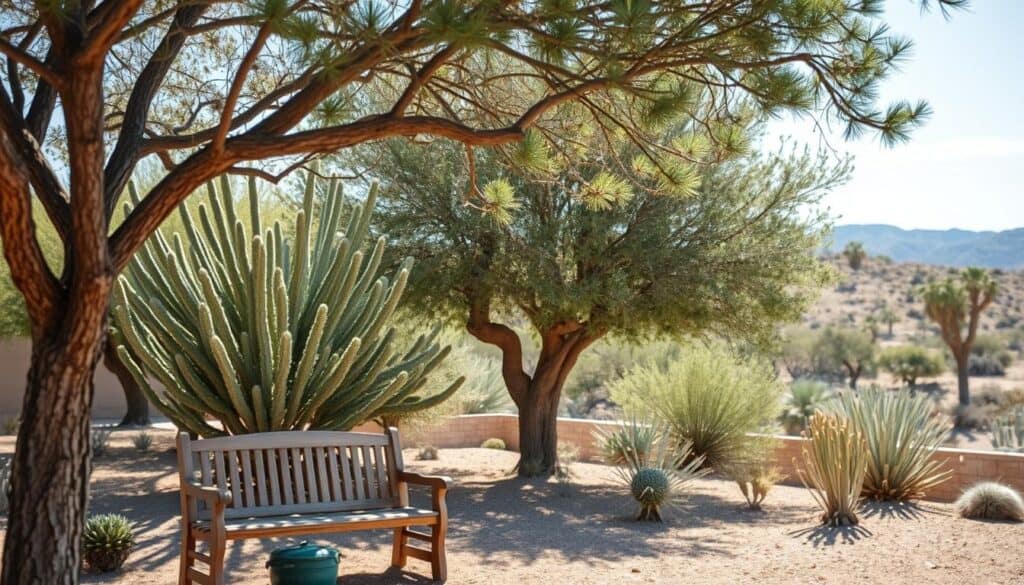 A serene landscape featuring a collection of aesthetic drought-tolerant trees, such as Mesquite and Palo Verde, creating a shaded area. In the foreground, a charming wooden bench sits under the branches, inviting relaxation. The middle ground showcases the trees with their unique bark textures and vibrant foliage, displaying a harmonious blend of greens and silvery hues. In the background, a soft-focus desert landscape with gentle hills and blue sky enhances the tranquil atmosphere. The scene is bathed in bright, natural light, with soft sunlight filtering through the leaves, casting dappled shadows on the ground. The mood is calm and inviting, perfect for a backyard oasis that exemplifies drought resilience and beauty.