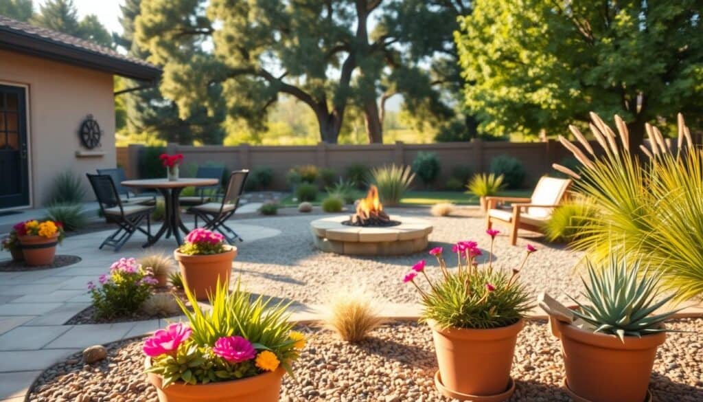 A serene low-maintenance backyard, featuring a neatly arranged stone patio with a wooden table and chairs surrounded by lush, drought-resistant plants like succulents and ornamental grasses. In the foreground, colorful planters filled with vibrant flowers create a welcoming atmosphere. The middle ground showcases a simple yet stylish fire pit, perfect for gatherings, surrounded by gravel pathways for easy navigation. In the background, softly lit by warm sunlight, tall shade trees provide a sense of privacy and tranquility. The scene conveys a peaceful, inviting mood, ideal for outdoor relaxation. The image captures a realistic, airy feel with a shallow depth of field, focusing on the backyard's charm while blurring the distant landscape slightly.