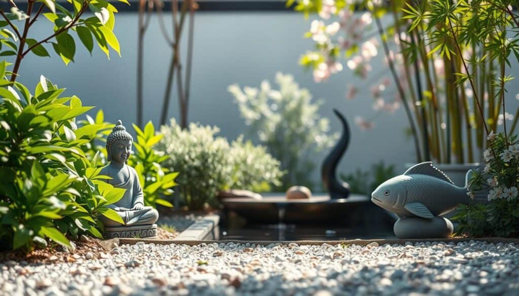 A serene, minimalist garden scene featuring elegant Japanese-inspired garden statues, such as a tranquil stone Buddha and a sleek, abstract koi fish, nestled among lush green foliage. In the foreground, delicate pebbles create a Zen-like pathway leading to the statues, while soft sunlight filters through the leaves, casting gentle shadows. The middle ground showcases a small, serene water feature with reflections of the statues, enhancing the sense of calm. The background includes softly blurred bamboo and flowering cherry blossoms, creating a peaceful atmosphere. The composition captures a harmonious balance, inviting viewers into a meditative space, illuminated with bright natural light. Use a slightly elevated angle to encompass all elements in a cohesive frame.