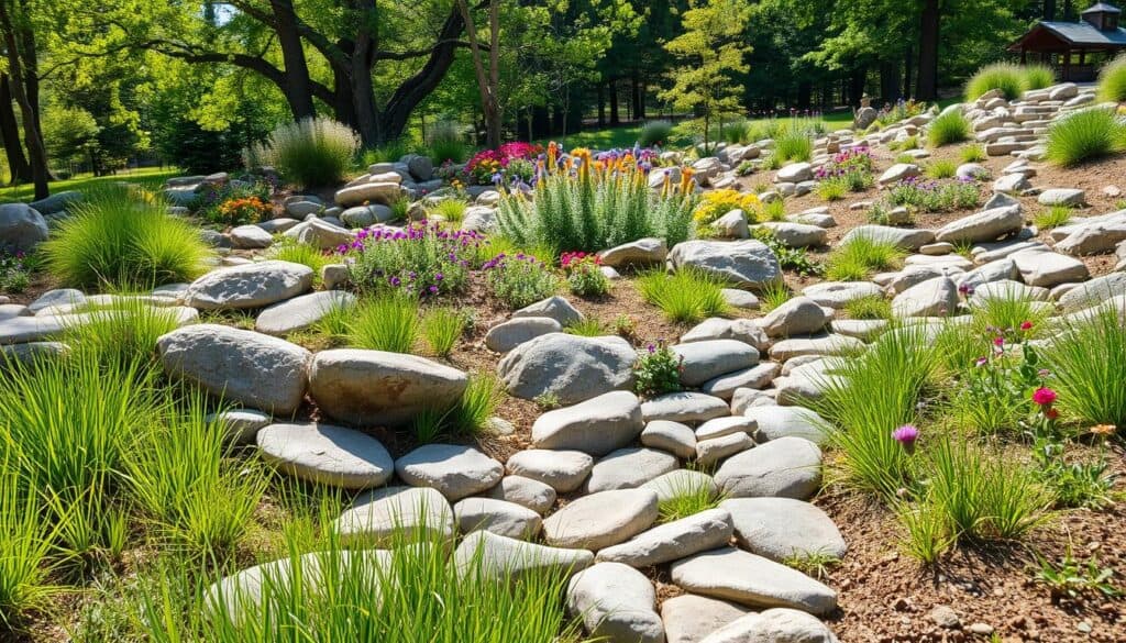 A serene natural stone garden featuring a beautifully designed dry riverbed made of smooth river rocks nestled among native plants. In the foreground, carefully arranged stones of varying sizes create gentle curves, while patches of lush green grasses and colorful wildflowers thrive alongside. The middle ground showcases a diverse mix of native plants, including small shrubs and vibrant perennials, harmonizing with the stone layout. In the background, dappled sunlight filters through overhead trees, casting soft shadows and enhancing the natural colors. The scene is captured from a low angle, creating a tranquil atmosphere, with bright natural light illuminating the textures of the stones and foliage, evoking a sense of calm and connection to nature.