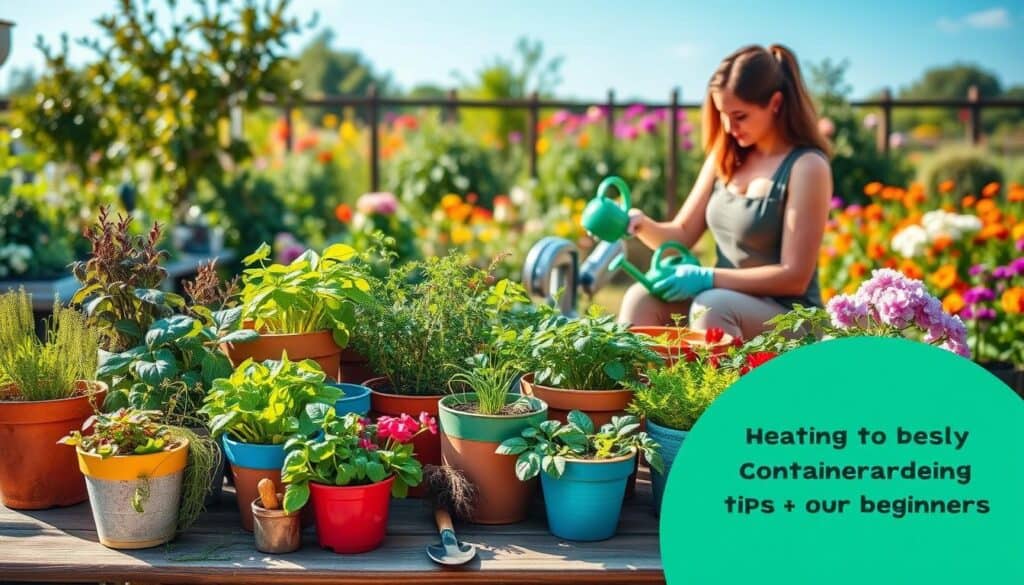 A serene outdoor container gardening scene showcasing essential tips for beginners. In the foreground, a variety of colorful pots filled with flourishing herbs, vegetables, and flowers, all arranged on a rustic wooden table. In the middle, a gardener in comfortable, modest casual clothing kneels beside the pots, gently tending to the plants with a watering can, surrounded by gardening tools like trowels and gloves. In the background, a lush garden full of greenery and flowers under a clear blue sky, illuminated by soft, warm sunlight, creating an inviting atmosphere. The composition should focus on natural light enhancing the vibrant colors of the plants, conveying a sense of tranquility and joy in gardening on a budget.