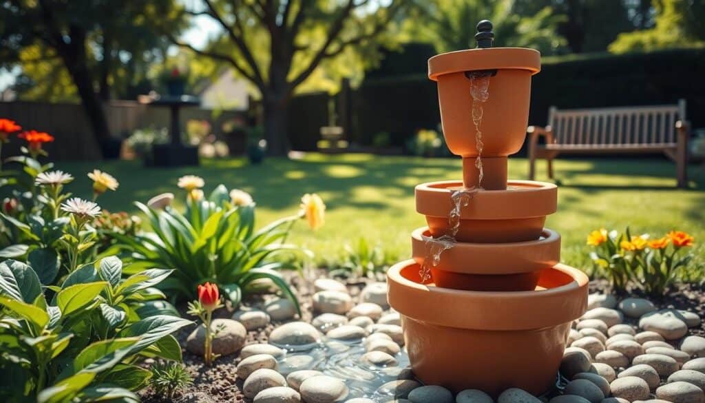 A serene outdoor garden scene featuring a simple DIY solar-powered water fountain. In the foreground, a charming fountain made from terracotta pots; water gently flows from the top pot into the larger one below, creating ripples in the water. The fountain is surrounded by lush green plants, colorful flowers, and smooth pebbles that complement the natural aesthetics. In the middle ground, sunlight filters through the leaves of nearby trees, casting soft, dappled shadows. The background includes a well-maintained lawn and a wooden garden bench, inviting relaxation. The atmosphere is peaceful and inviting, bathed in bright natural light that enhances the vibrant colors of the plants and water. The angle is slightly elevated, capturing the fountain's elegance while showcasing the lush garden. A serene outdoor garden scene featuring a simple DIY solar-powered water fountain. In the foreground, a charming fountain made from terracotta pots; water gently flows from the top pot into the larger one below, creating ripples in the water. The fountain is surrounded by lush green plants, colorful flowers, and smooth pebbles that complement the natural aesthetics. In the middle ground, sunlight filters through the leaves of nearby trees, casting soft, dappled shadows. The background includes a well-maintained lawn and a wooden garden bench, inviting relaxation. The atmosphere is peaceful and inviting, bathed in bright natural light that enhances the vibrant colors of the plants and water. The angle is slightly elevated, capturing the fountain's elegance while showcasing the lush garden.