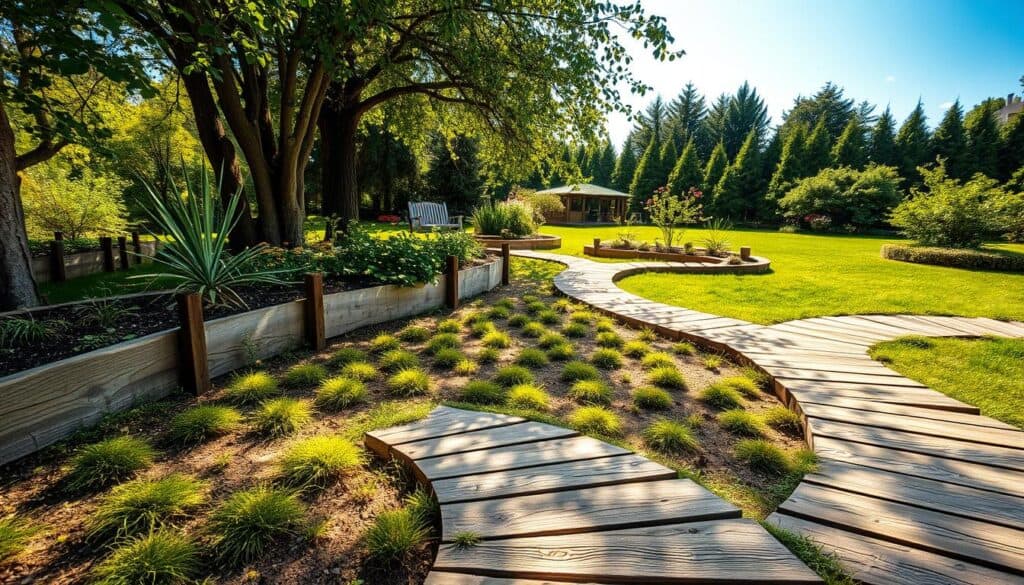 A serene outdoor garden scene showcasing beautifully repurposed old timber as a centerpiece. In the foreground, a winding pathway made of rustic wooden planks, with hints of moss and small wildflowers peeking through the cracks. To one side, carefully arranged timber edging lines a garden bed filled with vibrant plants, lending structure to the organic chaos of nature. In the middle, soft lighting filters through the leaves of nearby trees, creating dappled shadows on the ground. The background features a well-maintained lawn and taller shrubs, with a clear blue sky overhead. The atmosphere feels inviting and tranquil, perfect for enjoying nature outdoors. The image should capture the essence of DIY artistry with a focus on natural materials.
