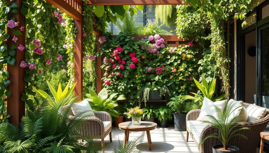 A serene outdoor living room adorned with lush greenery and vertical gardens, showcasing a blend of vibrant plants cascading from wooden trellises. In the foreground, a cozy seating area with comfortable wicker chairs and a small coffee table, surrounded by flourishing ferns and flowering vines. The middle features elegantly arranged vertical planters overflowing with colorful blooms and leafy greens, creating a natural backdrop. In the background, soft sunlight filters through the leaves, casting dappled shadows on the ground, enhancing the tranquil atmosphere. The scene captures a perfect blend of nature and modern living, evoking a sense of relaxation and harmony. The overall mood is inviting and refreshing, ideal for an outdoor retreat. A serene outdoor living room adorned with lush greenery and vertical gardens, showcasing a blend of vibrant plants cascading from wooden trellises. In the foreground, a cozy seating area with comfortable wicker chairs and a small coffee table, surrounded by flourishing ferns and flowering vines. The middle features elegantly arranged vertical planters overflowing with colorful blooms and leafy greens, creating a natural backdrop. In the background, soft sunlight filters through the leaves, casting dappled shadows on the ground, enhancing the tranquil atmosphere. The scene captures a perfect blend of nature and modern living, evoking a sense of relaxation and harmony. The overall mood is inviting and refreshing, ideal for an outdoor retreat.