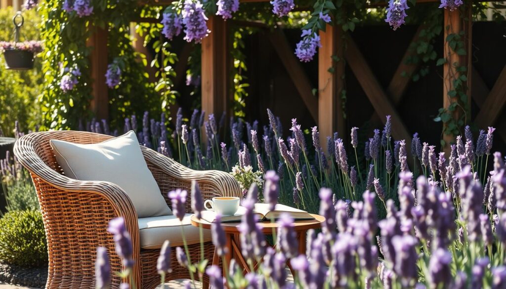 A serene outdoor reading spot infused with the calming scent of lavender. In the foreground, a cozy wicker chair with plush cushions, delicately arranged around a small wooden side table adorned with a steaming cup of tea and an open book, inviting relaxation. The middle ground features vibrant lavender plants in full bloom, their gentle purple hues contrasting beautifully with lush green foliage. Soft sunlight filters through leafy branches, creating dappled light patterns on the ground. In the background, a wooden trellis draped with climbing vines provides a sense of privacy and tranquility. The mood is peaceful and inviting, perfect for an afternoon of reading and reflection. Captured from a slightly elevated angle to highlight the charming arrangement and surrounding nature.