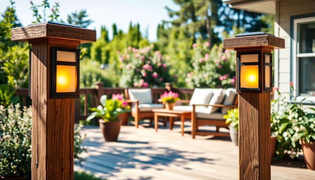 A serene outdoor scene featuring rustic solar deck post lights elegantly illuminating a wooden deck. The foreground showcases three solar lights made of weathered wood and frosted glass, casting warm, inviting glows. The middle ground includes the beautifully arranged deck with comfortable seating and potted plants, bathed in soft sunlight, emphasizing the natural textures. In the background, a lush garden with blooming flowers and green shrubs subtly blends into the scene, under a clear, bright sky. The atmosphere is peaceful and inviting, perfect for evening gatherings, with the lights creating functional elegance. The image is captured from a low angle to highlight the lights while including the surrounding greenery, focusing on the harmony between nature and home décor.