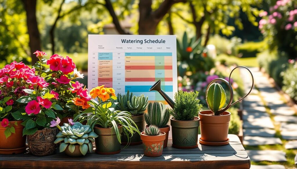 A serene outdoor scene showcasing a vibrant container garden in bright, natural light during a warm summer day. In the foreground, an array of beautifully potted plants—like colorful geraniums, lush ferns, and succulent cacti—rest on a rustic wooden table. In the middle ground, a stylish watering can is positioned next to a detailed watering schedule chart, color-coded for different plants. Soft sunlight filters through nearby trees, casting gentle shadows. The background features a blurred garden path with hints of blooming flowers, enhancing the tranquil atmosphere. The entire composition conveys an airy and inviting mood, ideal for guiding readers on optimal summer watering for potted plants.