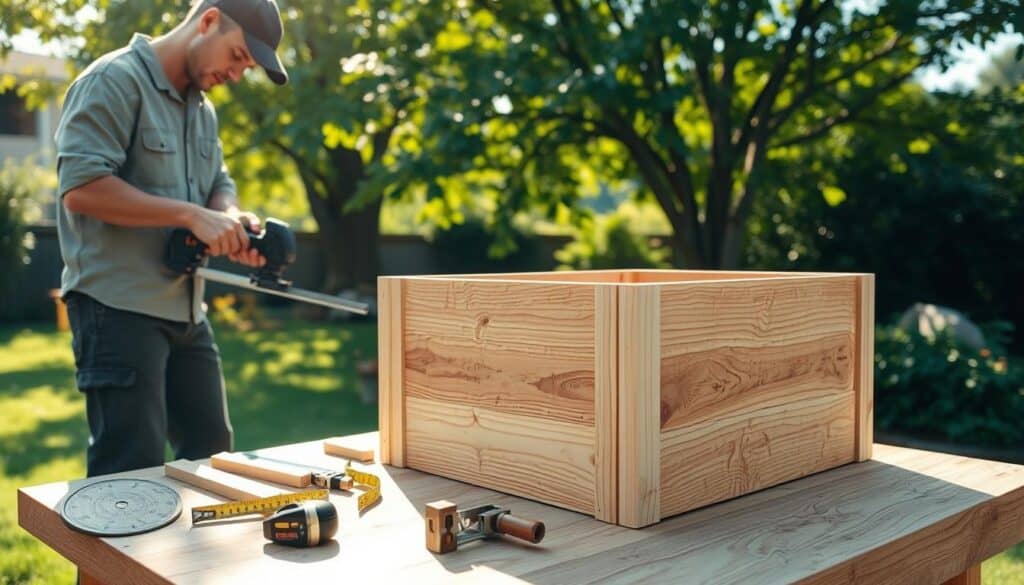 A serene outdoor scene showcasing the process of building a raised planter box from cedar boards. In the foreground, a skilled carpenter in modest casual clothing is measuring and cutting cedar boards using a hand saw. The mid-ground features a partially constructed planter box with well-fitted corners, resting on a wooden workbench. The background consists of a lush garden bathed in bright natural light, with soft sunlight filtering through the leaves of nearby trees, creating an inviting atmosphere. Emphasize the texture of the cedar wood and the tools used, such as a tape measure and square, arranged neatly. Capture the sense of accomplishment and tranquility in this woodworking project, with a focus on craftsmanship and the beauty of nature.