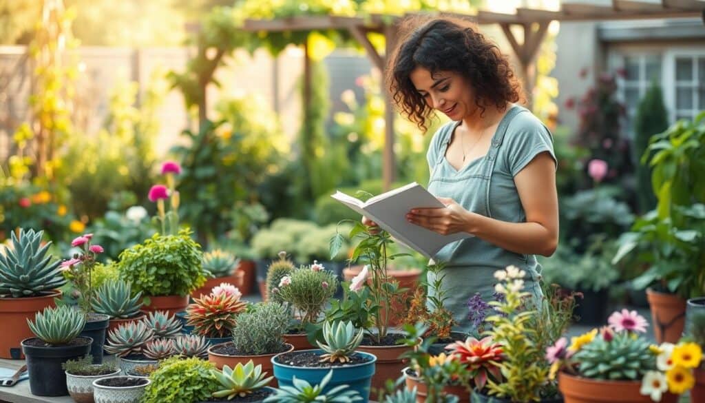 A serene outdoor setting showcasing a gardener expertly selecting plants suited for their specific climate. In the foreground, a well-organized array of potted plants such as vibrant succulents, hearty herbs, and decorative flowers, with soil and gardening tools subtly placed nearby. In the middle ground, a focused gardener, dressed in modest casual clothing, studies a gardening guide while holding a healthy plant, embodying concentration and care. The background features a lush garden space with a trellis and an array of flora typical for various climates, basking in gentle, soft sunlight that creates a warm and inviting atmosphere. The overall mood is one of tranquility and harmony with nature, emphasizing the joy of container gardening. A serene outdoor setting showcasing a gardener expertly selecting plants suited for their specific climate. In the foreground, a well-organized array of potted plants such as vibrant succulents, hearty herbs, and decorative flowers, with soil and gardening tools subtly placed nearby. In the middle ground, a focused gardener, dressed in modest casual clothing, studies a gardening guide while holding a healthy plant, embodying concentration and care. The background features a lush garden space with a trellis and an array of flora typical for various climates, basking in gentle, soft sunlight that creates a warm and inviting atmosphere. The overall mood is one of tranquility and harmony with nature, emphasizing the joy of container gardening.