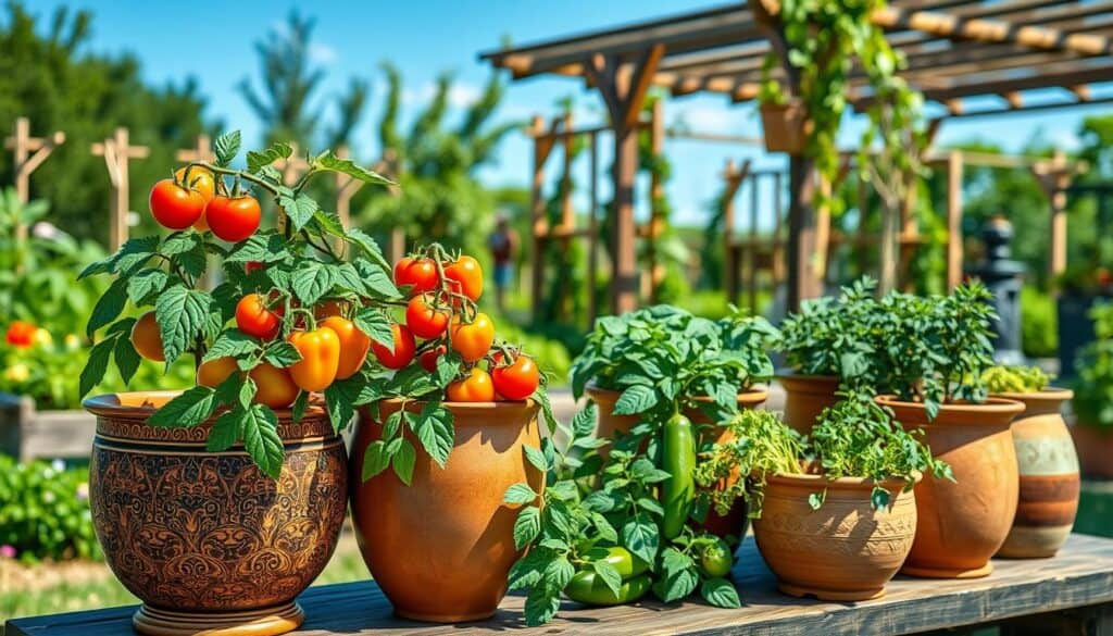 A serene outdoor setting showcasing an arrangement of elegant ceramic and terra cotta pots filled with vibrant tomato, pepper, and cucumber plants. In the foreground, a large, intricately designed terracotta pot displays lush green tomato vines with bright red fruits, alongside small pepper plants in a glossy ceramic pot with intricate floral patterns. The middle ground features a rustic wooden table adorned with variously sized pots, showcasing a selection of herbs for contrast. In the background, a soft-focus garden filled with greenery and wooden trellises hints at a thriving vegetable garden under a bright blue sky. Natural soft sunlight filters through, casting gentle shadows and creating an inviting, warm atmosphere. The composition captures the essence of aesthetic gardening with a focus on the beauty of the pots and plants. A serene outdoor setting showcasing an arrangement of elegant ceramic and terra cotta pots filled with vibrant tomato, pepper, and cucumber plants. In the foreground, a large, intricately designed terracotta pot displays lush green tomato vines with bright red fruits, alongside small pepper plants in a glossy ceramic pot with intricate floral patterns. The middle ground features a rustic wooden table adorned with variously sized pots, showcasing a selection of herbs for contrast. In the background, a soft-focus garden filled with greenery and wooden trellises hints at a thriving vegetable garden under a bright blue sky. Natural soft sunlight filters through, casting gentle shadows and creating an inviting, warm atmosphere. The composition captures the essence of aesthetic gardening with a focus on the beauty of the pots and plants.