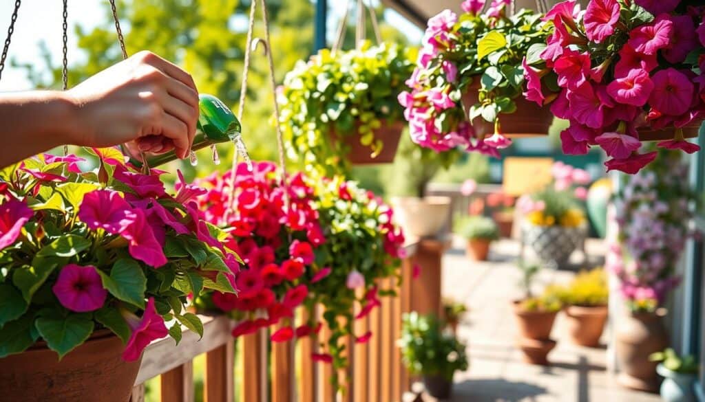 A serene patio scene showcasing a variety of vibrant hanging baskets filled with lush, blooming plants such as petunias, fuchsias, and ivy. In the foreground, a close-up view of a hand gently watering a hanging basket, with droplets glistening in the soft sunlight. The middle ground features more hanging baskets with rich greens and colorful petals, all set against a wooden railing. In the background, a blurred view of a sunny balcony filled with greenery and decorative pots. The atmosphere is fresh and inviting, embodying a sunny day. The lighting is bright yet warm, casting soft shadows and emphasizing the texture of the plants. The image captures the essence of caring for hanging baskets in a home garden. A serene patio scene showcasing a variety of vibrant hanging baskets filled with lush, blooming plants such as petunias, fuchsias, and ivy. In the foreground, a close-up view of a hand gently watering a hanging basket, with droplets glistening in the soft sunlight. The middle ground features more hanging baskets with rich greens and colorful petals, all set against a wooden railing. In the background, a blurred view of a sunny balcony filled with greenery and decorative pots. The atmosphere is fresh and inviting, embodying a sunny day. The lighting is bright yet warm, casting soft shadows and emphasizing the texture of the plants. The image captures the essence of caring for hanging baskets in a home garden.