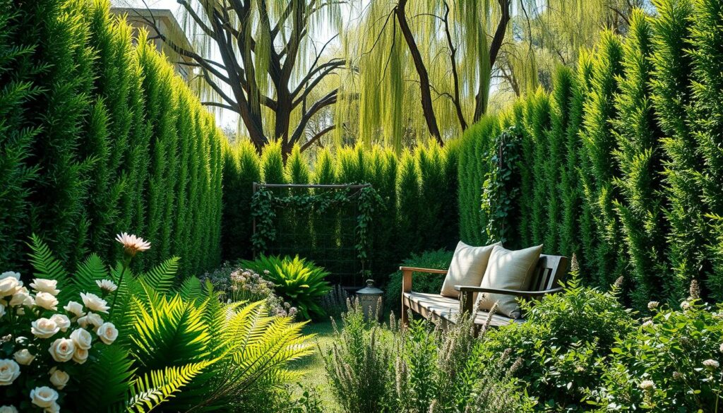 A serene privacy garden landscape designed for a cozy outdoor reading nook. In the foreground, lush green ferns and soft, blooming flowers frame a rustic wooden bench with plush cushions, inviting relaxation. The middle ground features dense, tall hedges and strategically placed climbing vines on a trellis, creating a secluded ambiance. In the background, gentle willow trees sway softly in the breeze, providing dappled sunlight across the space. The scene is bathed in bright, natural light with soft sunlight filtering through the branches. Capture this from a slightly elevated angle to showcase the full depth of the garden's layers, evoking a tranquil and inviting atmosphere perfect for unwinding with a book.
